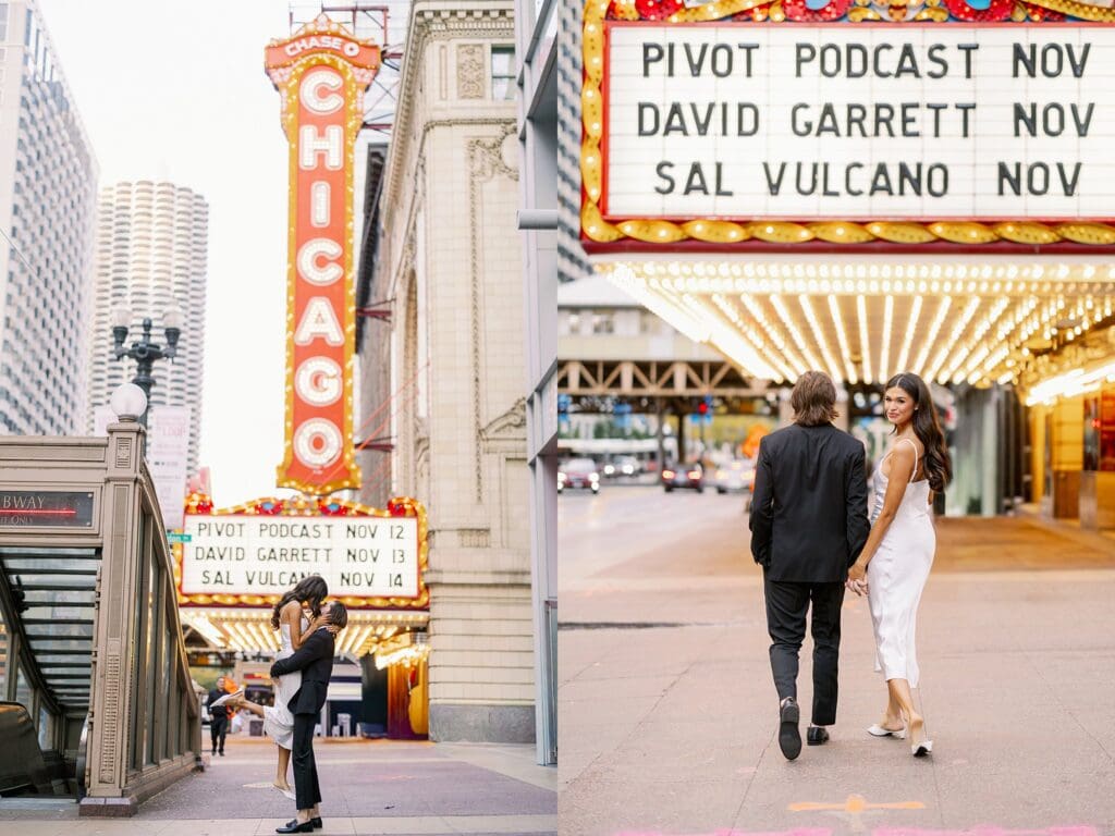 chicago engagement photos at Chicago Theatre