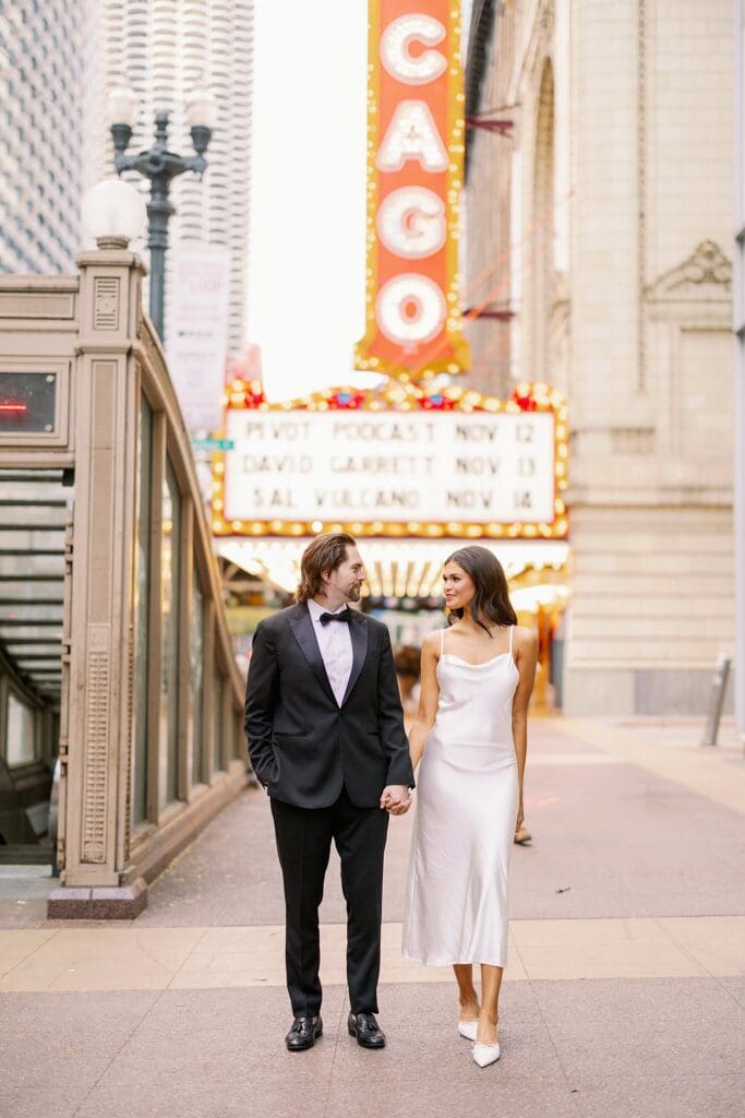 chicago engagement photos at Chicago Theatre
