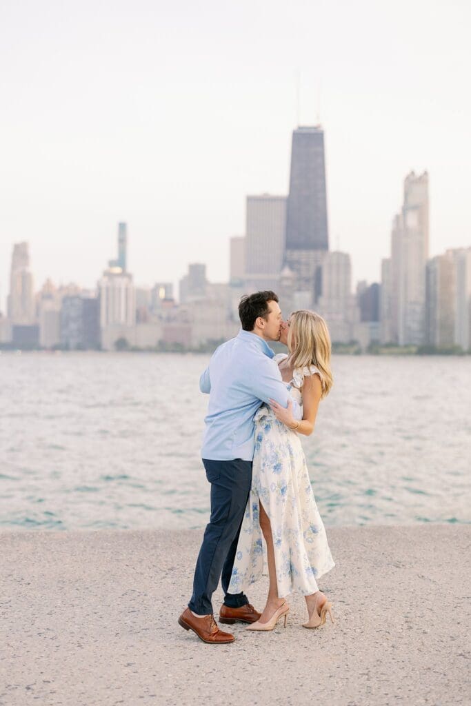 North Avenue Beach Engagement Photos with Skyline and Lake in background