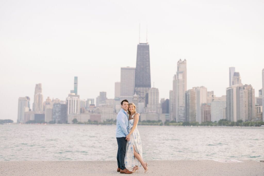 North Avenue Beach Engagement Photos with Skyline and Lake in background
