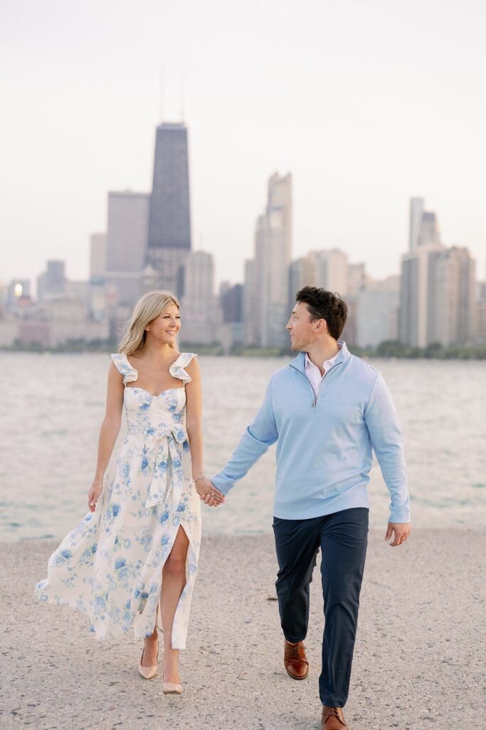 North Avenue Beach Engagement Photos with Skyline and Lake in background