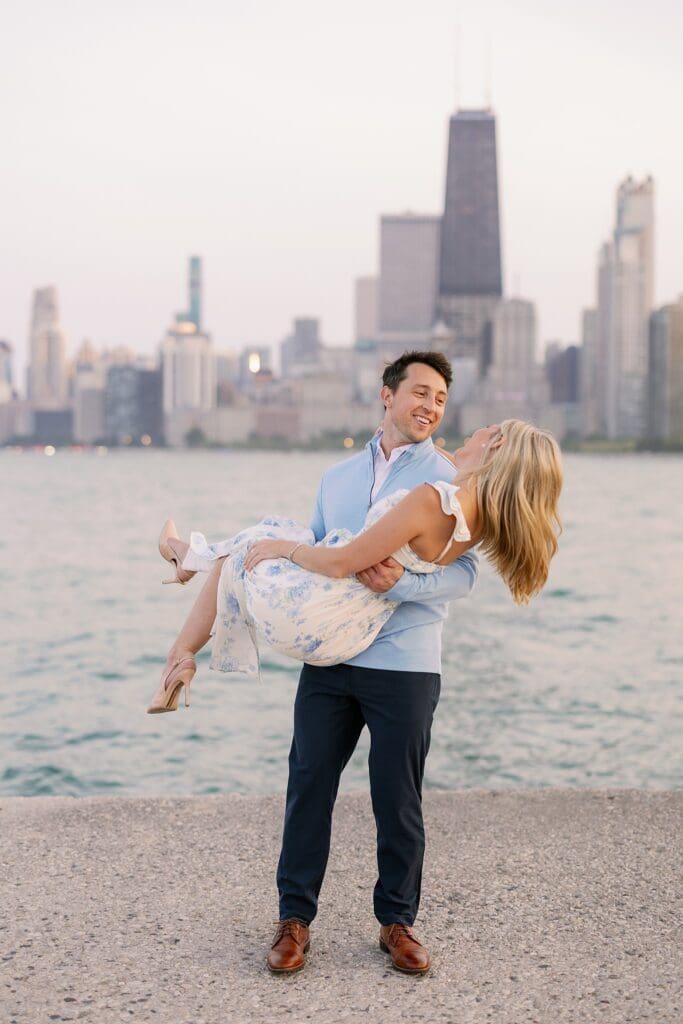 North Avenue Beach Engagement Photos with Skyline and Lake in background