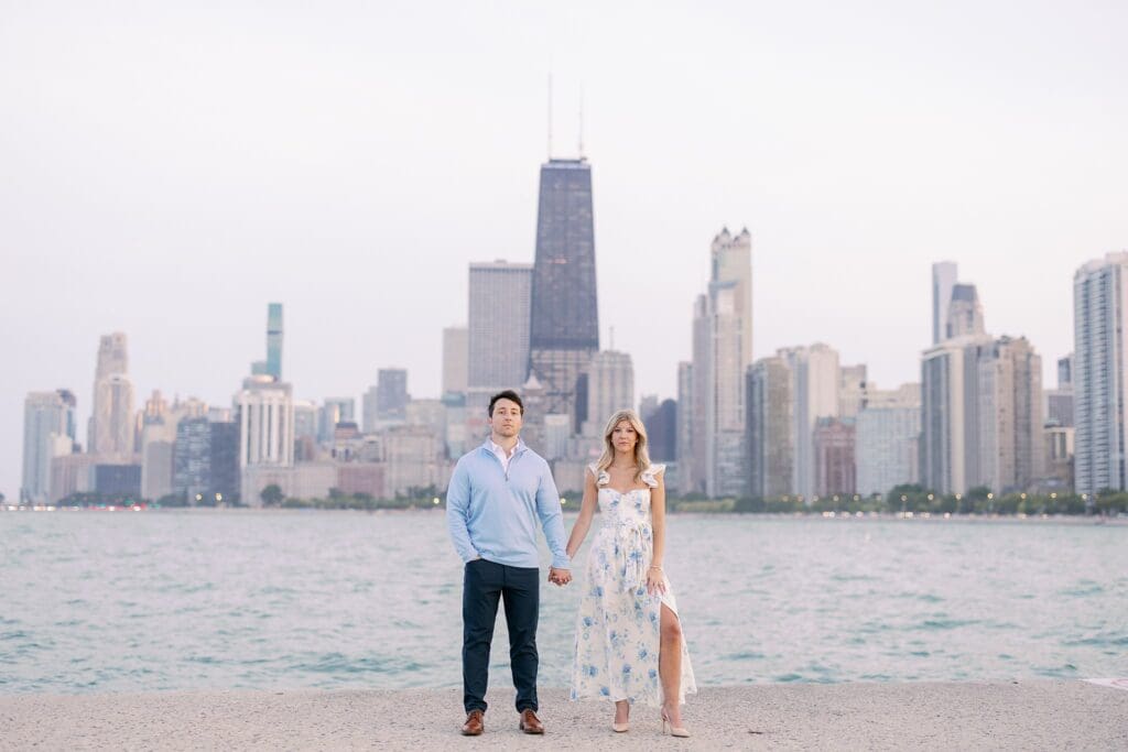 North Avenue Beach Engagement Photos with Skyline and Lake in background