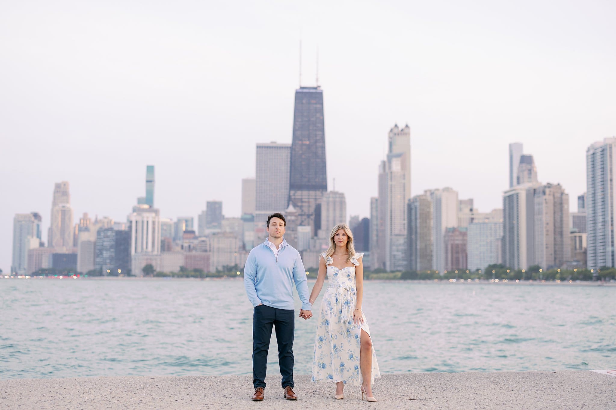 North Avenue Beach Engagement Photos with Skyline and Lake in background