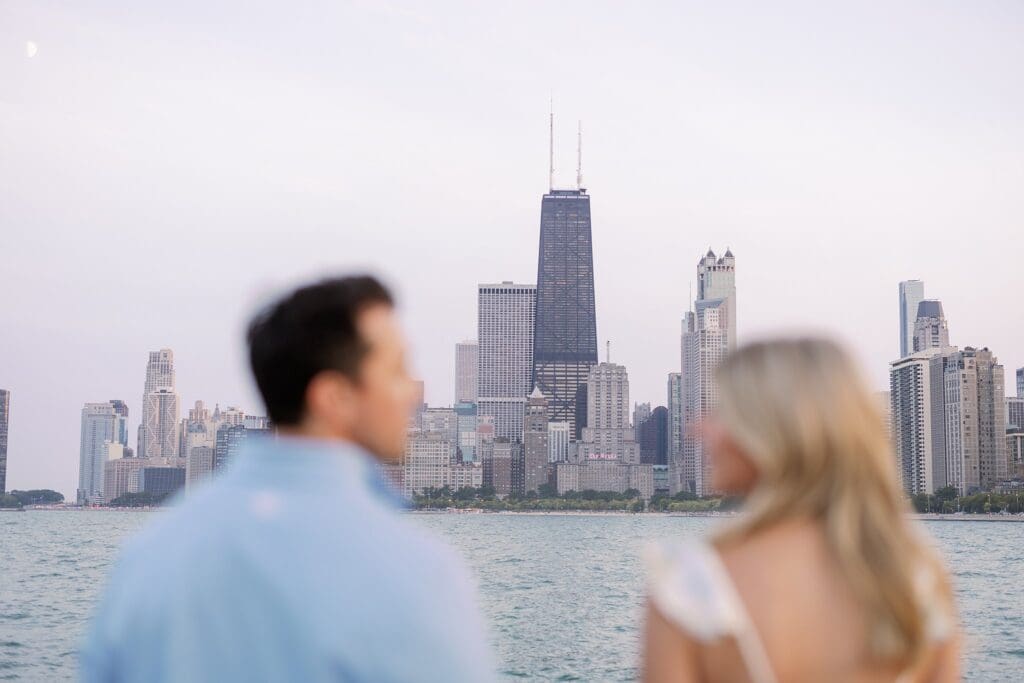North Avenue Beach Engagement Photos with Skyline and Lake in background