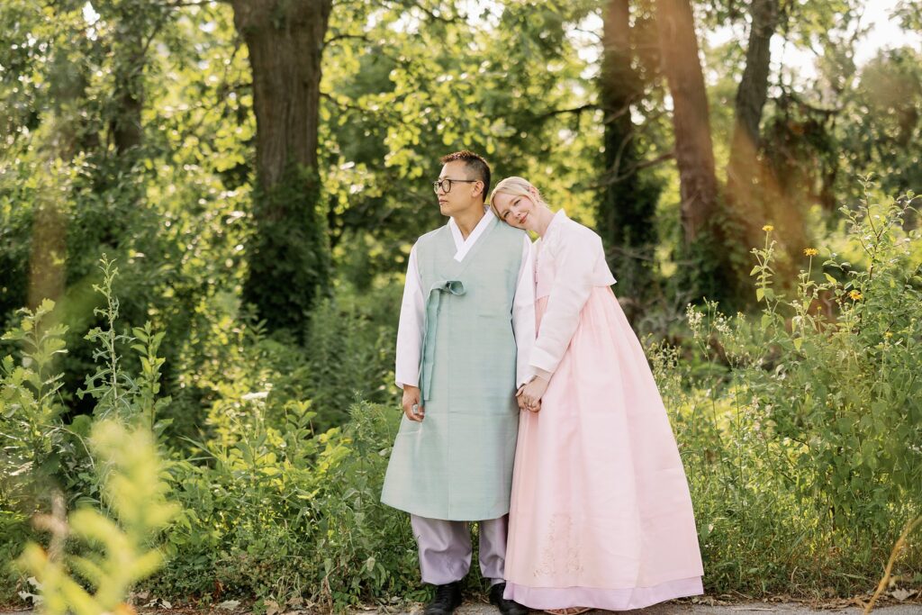 Bride and Groom in Hanboks pose for Lincoln Park Engagement Photos