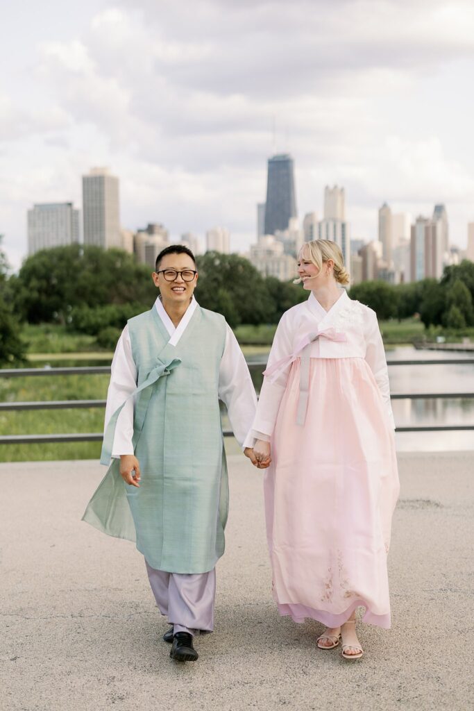 Bride and Groom in Hanboks pose for Lincoln Park Engagement Photos