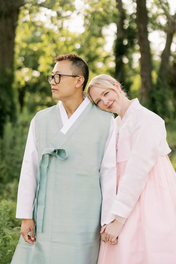 Bride and Groom in Hanboks pose for Lincoln Park Engagement Photos