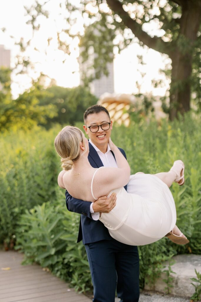 Bride and Groom pose for Lincoln Park Engagement Photos at Honeycomb