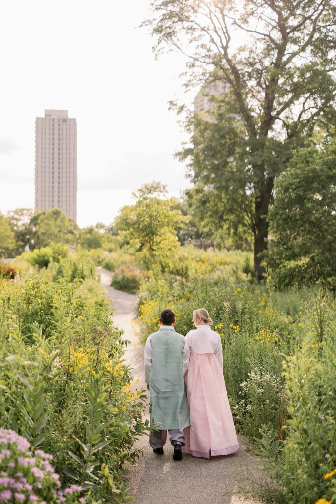 Bride and Groom in Hanboks pose for Lincoln Park Engagement Photos