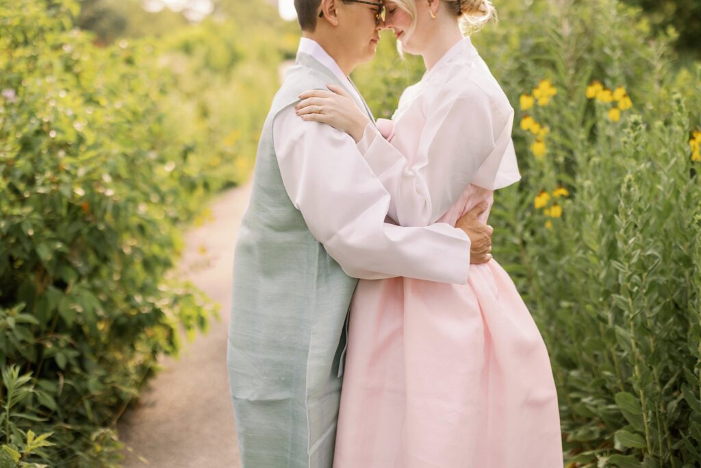 Bride and Groom in Hanboks pose for Lincoln Park Engagement Photos
