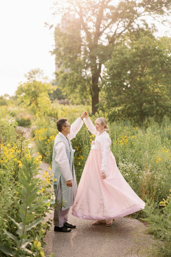 Bride and Groom in Hanboks pose for Lincoln Park Engagement Photos