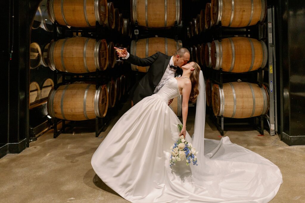 bride and groom in the cellar at Chicago Winery Wedding