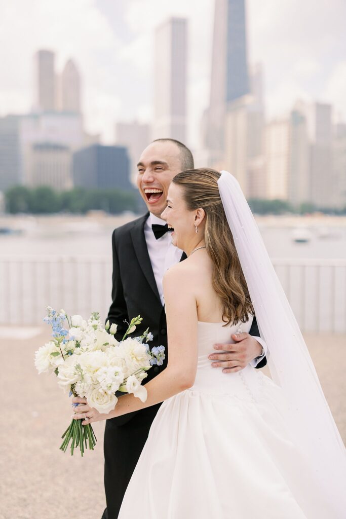 Bride and groom at Olive Park in Chicago before Chicago Winery Wedding
