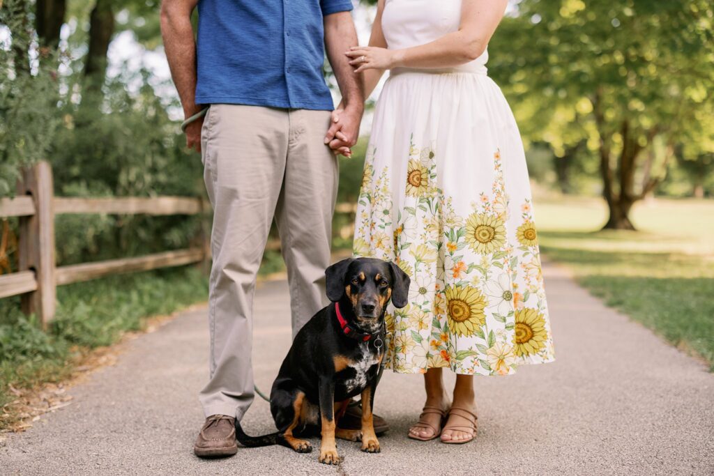 Engaged Couple poses at Winnemac Park in Chicago with dog